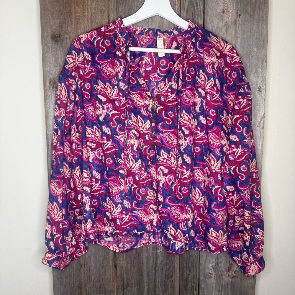 Anthropologie Pilcro Lucille Peasant Blouse Floral Blue Pink Small - Picture 2 of 12